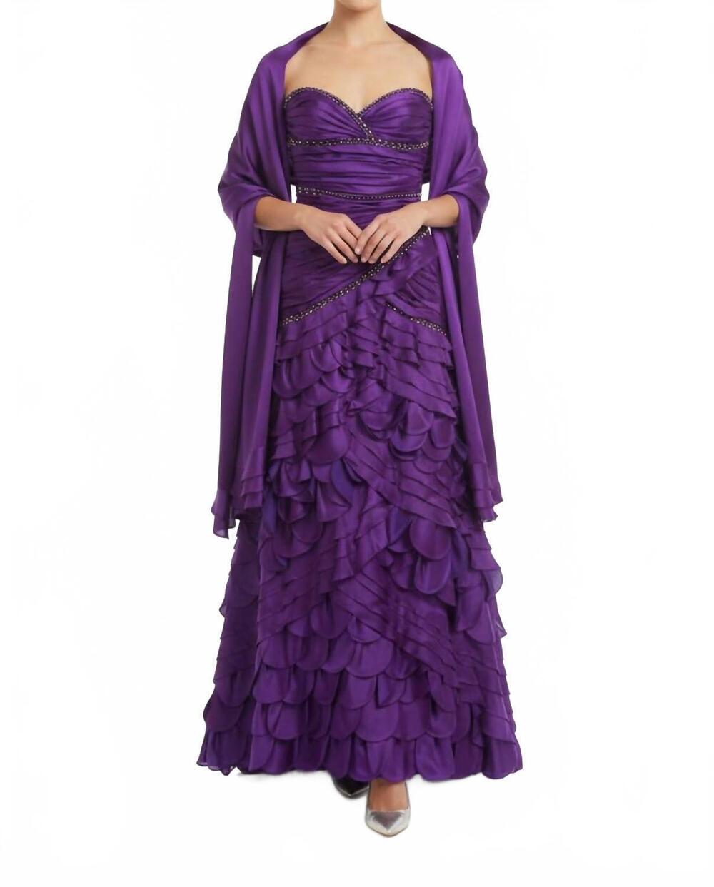 NEW YSA MAKINO strapless ruffled beaded shawl maxi dress in purple
